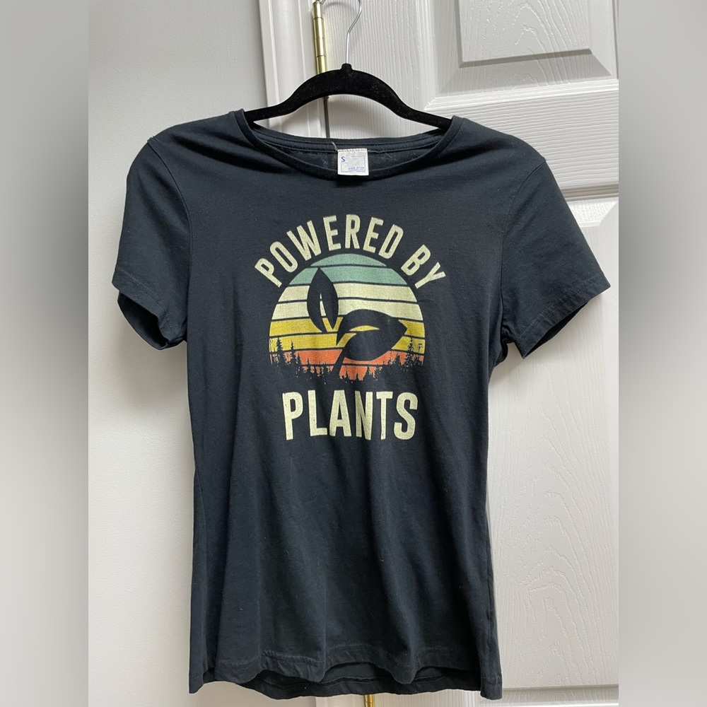 Womens grey “Powered by Plants” T shirt